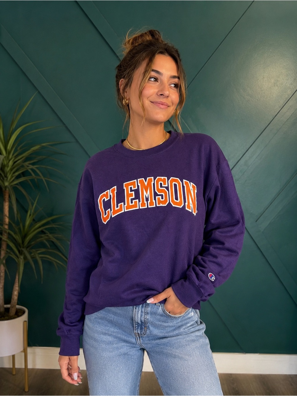 Vintage Champion Clemson Tigers Purple Sweatshirt Orange & White Logo